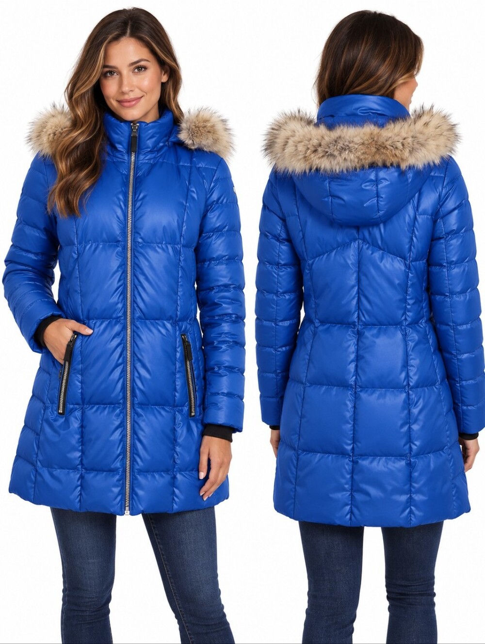 Marc New York Women’s M Blue Down Puffer Coat Real Coyote Fur Detachable